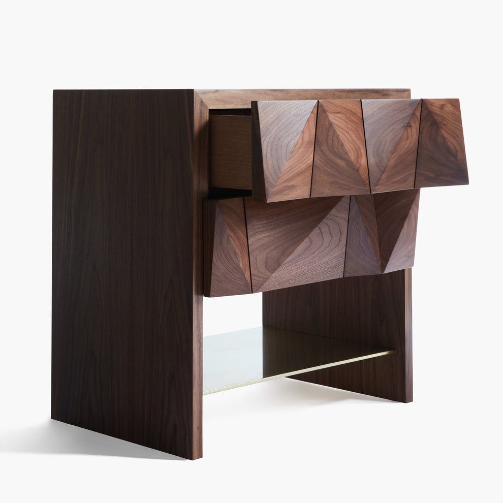 Shown in Natural Walnut finish with Lacquered Brass shelf finish