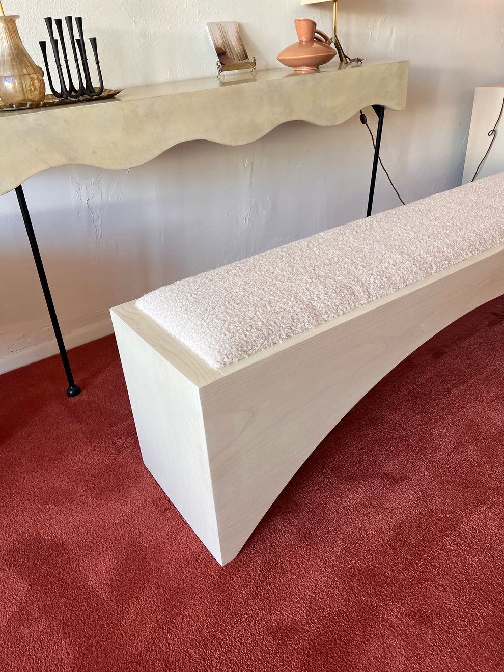 Shown in Almond Ash and Strawberry Boucle