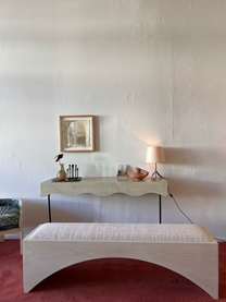 Shown in Almond Ash and Strawberry Boucle