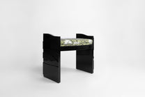Shown in Ebony Piano Lacquer and COM from Scalamandre Colony