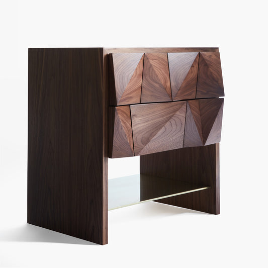 Shown in Natural Walnut finish with Lacquered Brass shelf finish