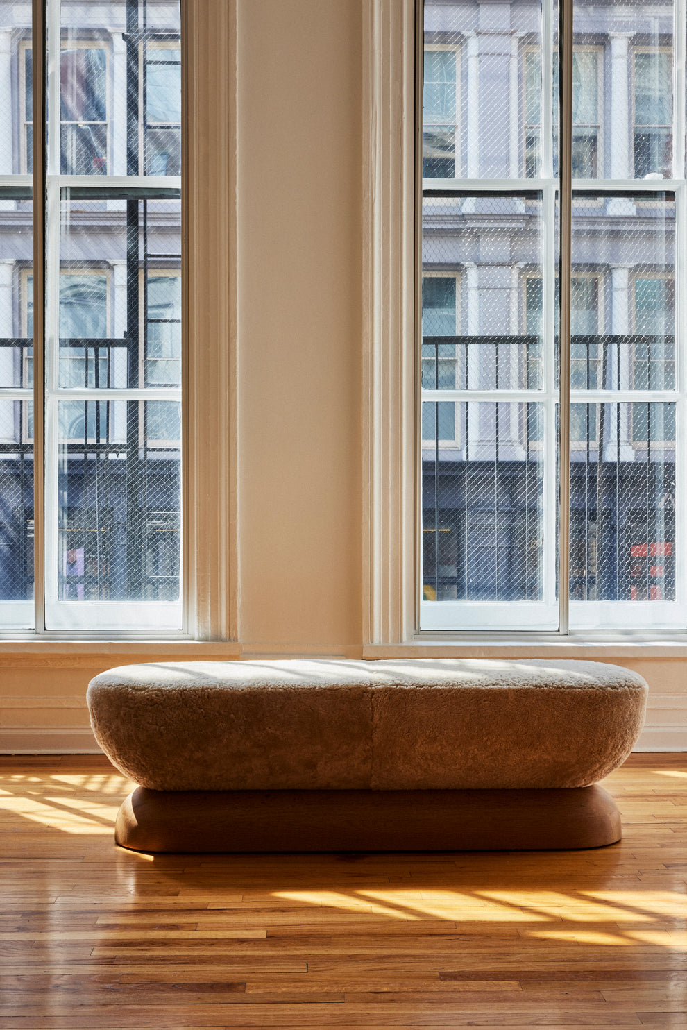 Shown in Natural Oak base with Dusty Beige Shearling 