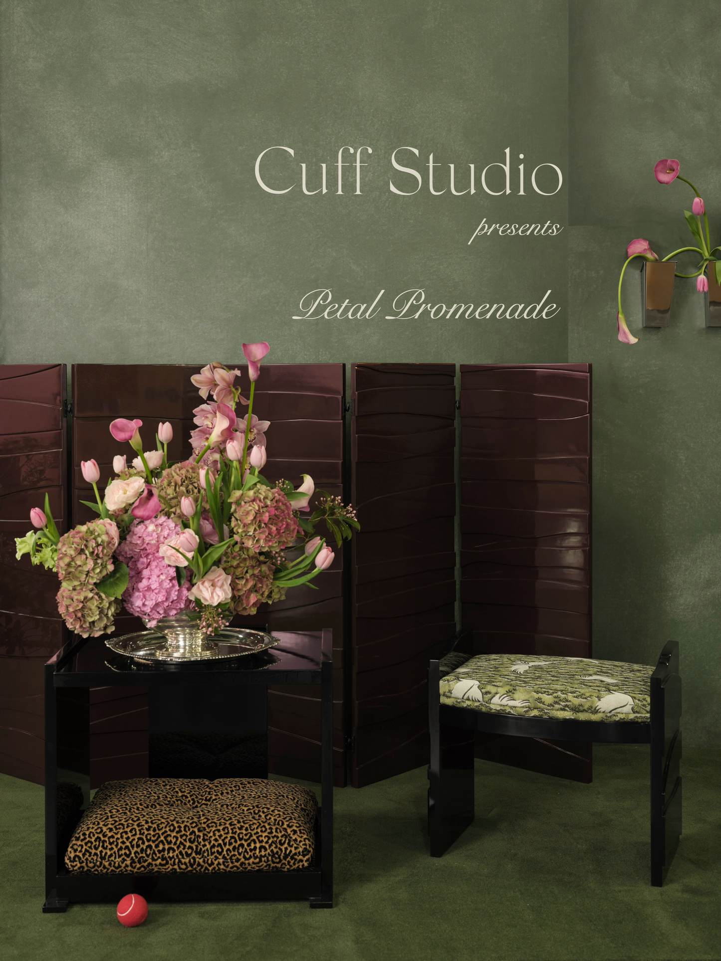 Fold Pet Bed+House paired with Fold Stool in Ebony Piano Lacquer and Fold Screen Short in Black Cherry Lacquer